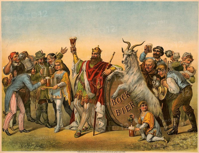 Advertising poster, beverage advertisement, advertising poster from 1884 depicts King Gambrinus, the legendary inventor of beer, who is depicted with a bock beer goat and people celebrating. The picture was published by H. Stile in New York and traditionally promotes bock beer, which often heralds spring, authentic reproduction of a historical advertising poster, advertising sign, in high resolution