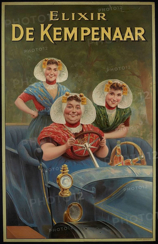 Advertising poster, beverage advertisement, historic Dutch advertising poster from 1908 for Elixir de Kempenaar, a well-known herbal liqueur from the Jacques Neefs distillery in Antwerp. The poster shows three cheerful woman in the traditional traditional costume of the Kempen region, characterized by the typical white lace bonnets and golden headdress that sit in an ultra-modern automobile at the time. The advertised liquor bottles can be seen in the basket on the back seat, authentic reproduction of a historical advertising poster, advertising sign, in high resolution