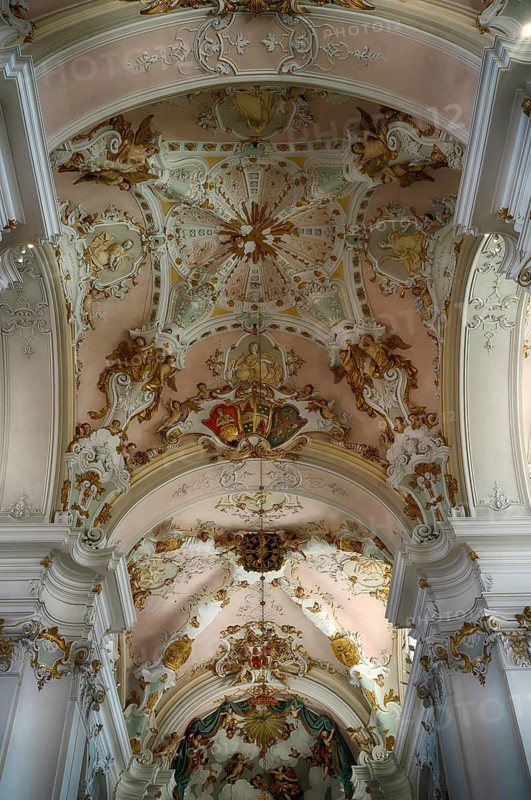 Interior view, ceiling, ceiling fresco, the monastery's collegiate church and the present-day St Vitus Basilica, black and white, Ellwangen (Jagst), Baden-Württemberg, Germany