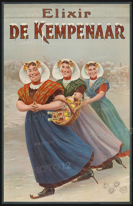 Advertising poster, beverage advertisement, advertising poster for Elixir De Kempenaar from 1908 depicting three woman in traditional clothing skating. The advertised drink is an elixir or jenever, a Dutch juniper schnapps, authentic reproduction of a historical advertising poster, advertising sign, in high resolution