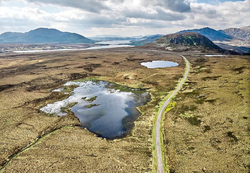 Panoramic aerial photo of the Highland landscape in Lettermore, Fainmore, northern Scotland, UK