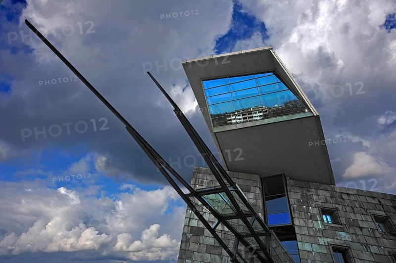 Modern entrance to the Reichsparteitagsgelände documentation center against cloudy skies, former Congress Hall of the NSDAP 1933-1945, Bayernstraße 110, Nuremberg, Middle Franconia, Bavaria, Germany