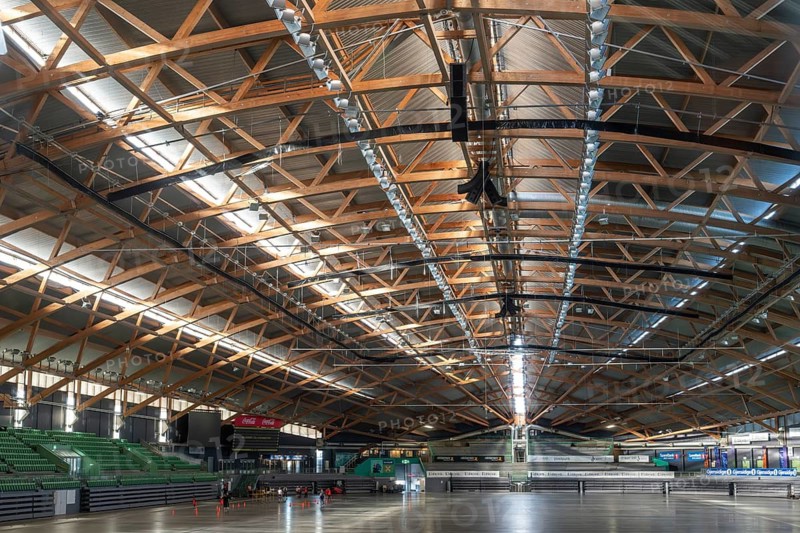 Interior, Viking skipet or Viking ship, one of the largest speed skating rinks in the world, built for the Olympic Games in Lillehammer 1994, architectural firms Biong & Biong and Niels Torp, Innlandet province, Hamar, Norway