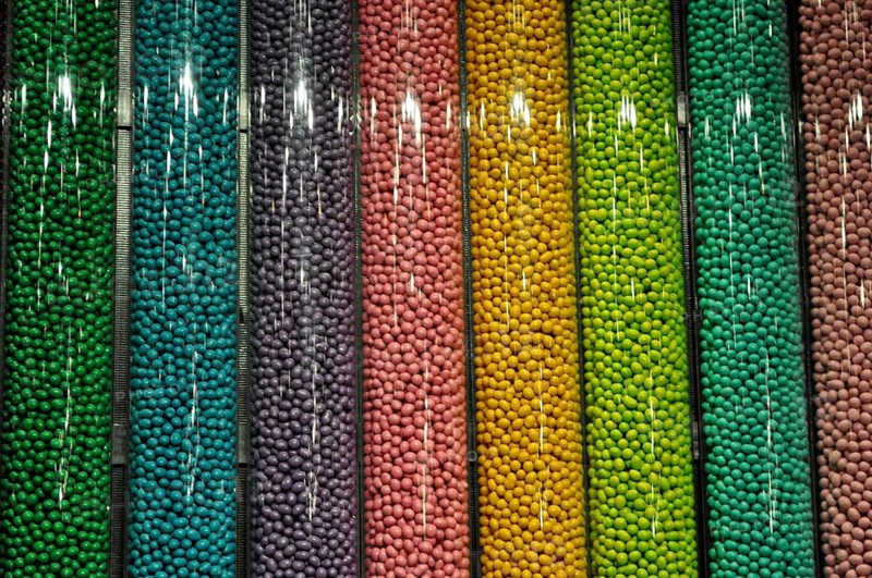 Close-up of colorful candy M&M's in even vertical rows, Las Vegas, Nevada, USA