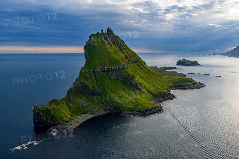 Tindhólmur, distinctive, steeply towering island, Vágar, Faroe Islands, Denmark