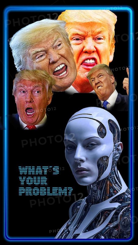 Symbolic image, futuristic robot woman wonders, Trump as a raging, screaming proletarian president, disparaging woman, insulting minorities, questionable speculative gains for herself, family, friends, dollar blessing to the detriment of the USA, morale as president, stock exchange prices, uncertain digital currency, refunds, energy, industry, critical economy, stock market hype, stock market crash, payment, insolvency, wrong decisions, maximum profit, slump in earnings, share prices, location in Germany, global economy, globalization, environmental protection, mafia, Trump administration, bitcoin rally, cryptocurrency, electronic wallet wallet, crypto reserve, price action, stock exchange trading