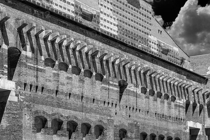 Detailed view of the masonry of the Congress Hall in the courtyard, unfinished National Socialist monumental building on the Reichsparteitag grounds, black and white, Nuremberg, Middle Franconia, Bavaria, Germany
