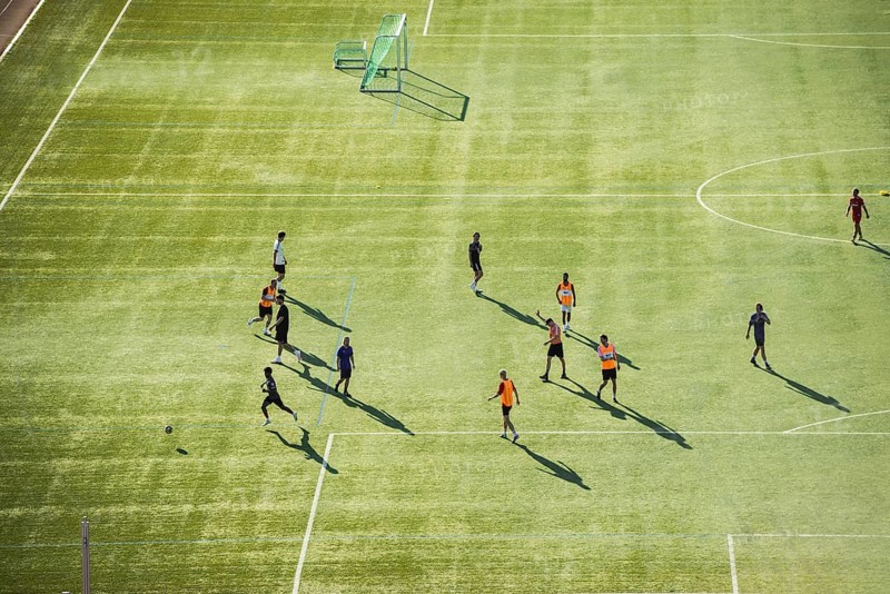 Soccer player on a soccer field, hobby soccer player, aerial view, bird's-eye view, Freiburg im Breisgau, Baden-Würtemberg, Germany