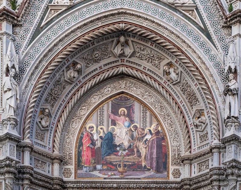 Entrance portal, fresco, Cathedral of Santa Maria del Fiore, Cathedral, Duomo by Filippo Brunelleschi, UNESCO World Heritage Site, Old Town, Florence, Tuscany, Italy