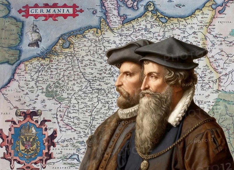 The cartographers Gerhard Mercator and Abraham Ortelius at work, digitally edited based on a historical map by Abraham Ortelius from his world atlas Theatrum Orbis Terrarum published in 1570, showing Germania, Holy Roman Empire of the German Nation