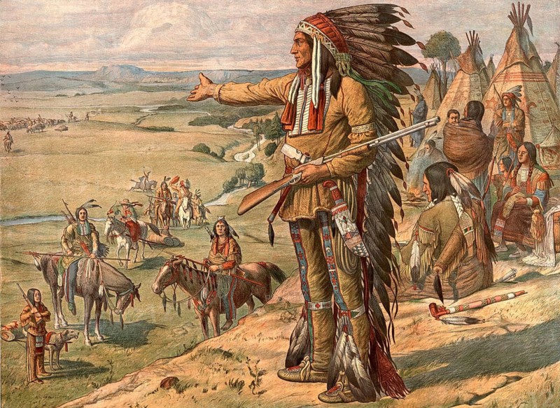 Group of Sioux Indians on the Great Plains, lifestyle of the prairie Indians, including their traditional dress and teepee camp, school picture, illustration, reproduction from a 19th-century model. School picture, mural, authentic, file restored for optimal use, exact date of original unknown, historical