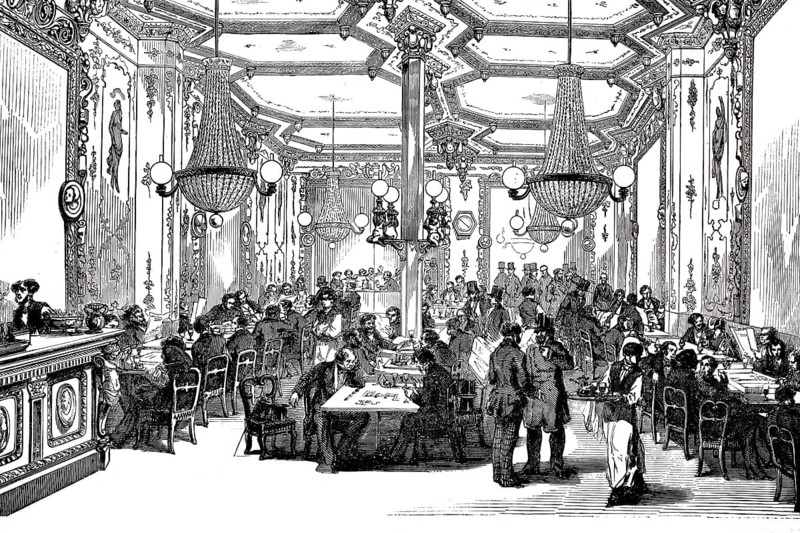 19th century illustration of Café Pierron in Paris. You can see the typical Parisian coffee house life of the time. Well-dressed bourgeois citizens sit at tables, read newspapers, chat or play board games such as chess, while waiters in classic aprons serve guests, France, illustration, reproduction from a 19th century original authentic, file restored for optimal use, exact date of submission unknown, historical