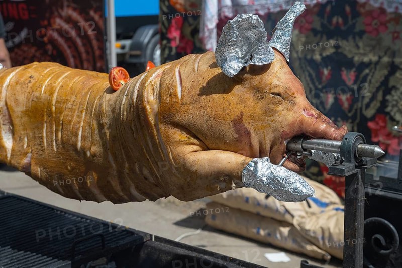 Close-up of grilled suckling pig wrapped in aluminum foil, folklore festival, Chisinau, Chisinau, Chisinau, Republic of Moldova, Eastern Europe