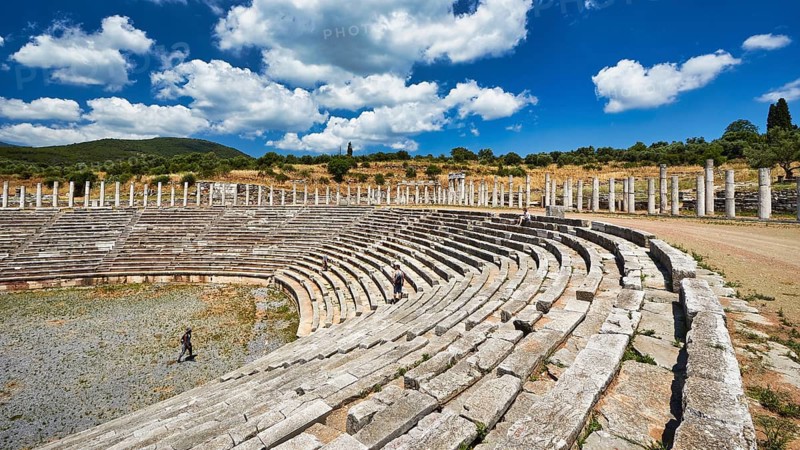Ancient stadium, with rows of stone seats and remaining columns, Messene Stadium, Ancient Site, Archaeological Site, Messene, Messini, Messinia, Southwest of the Peloponnese, Odyssey, Odysseus, Ulysses, Film, Location, Matt Damon, Peloponnese, Peninsula, Greece