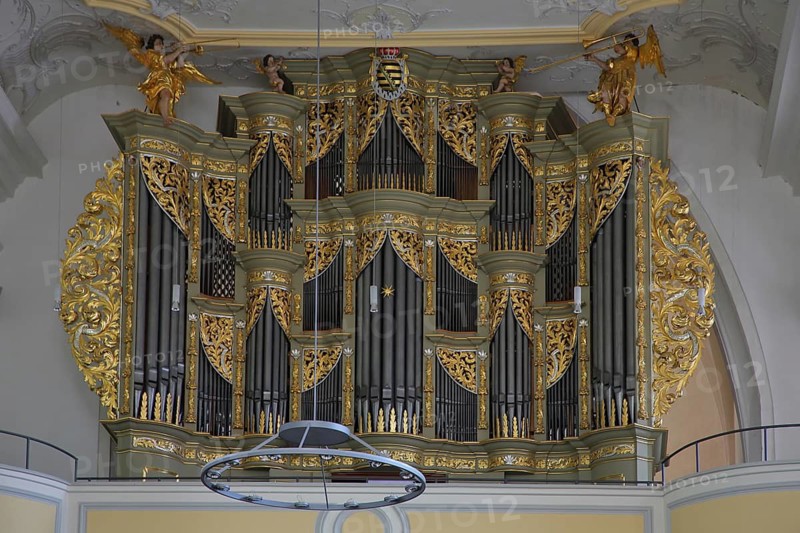 Baroque golden organ built in 1740, interior view, Morizkirche, Coburg, Upper Franconia, Franconia, Bavaria, Germany