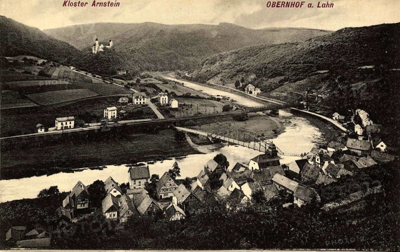 View of Obernhof an der Lahn with Arnstein Abbey enthroned above it, Rhineland-Palatinate, Germany, authentic reproduction of an old postcard, around 1910, historical, exact date unknown