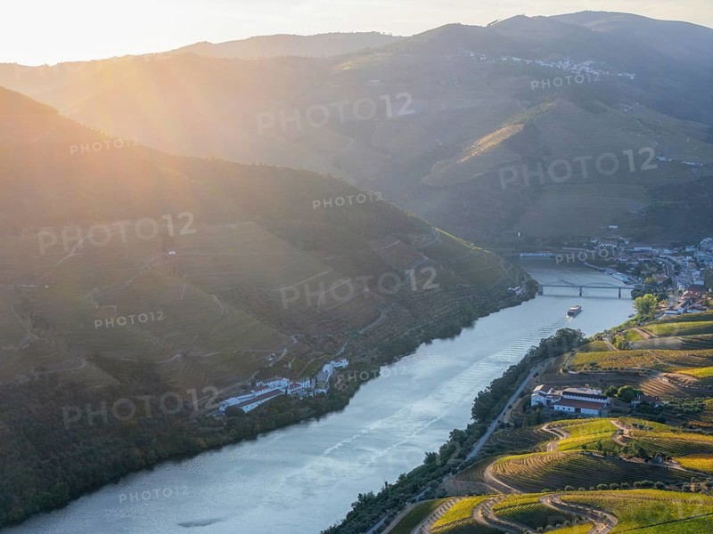 Sunlit aerial drone view of the Douro River flowing between vineyard hills and a small riverside town in Portugal