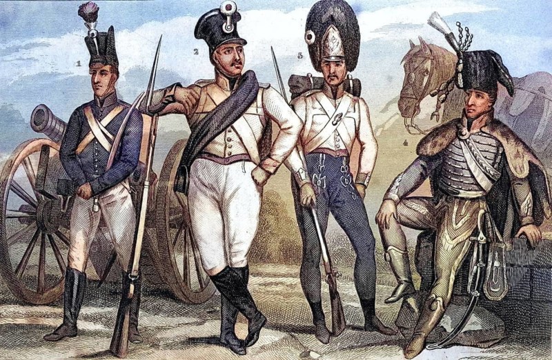 Traditional 19th-century clothing styles and culture. Uniforms from Austria: Artillery (1), Infantry (2), Hungarian Grenadiers (3), Hungarian Garde Corps (4), illustration, reproduction of a 19th-century original. Authentic, file restored for optimal use, exact date of the original unknown, historical, nostalgically coloured