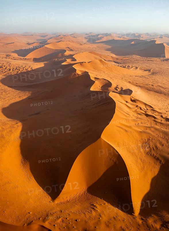 Aerial view, evening mood, red sand dunes of the Namib Desert, Namib Naukluft Park, Namibia