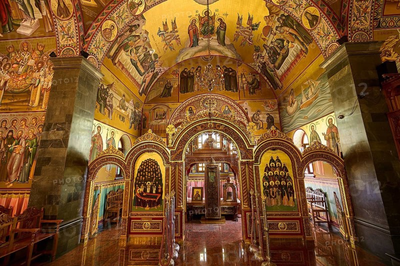 Agiou Sarvas monastery, Agion Pandon church, decorative church interior with frescoes and carved wooden elements, Pothia, main town, port, Kalymnos, Sponge Diving Island, Dodecanese, Greek Islands, Greece