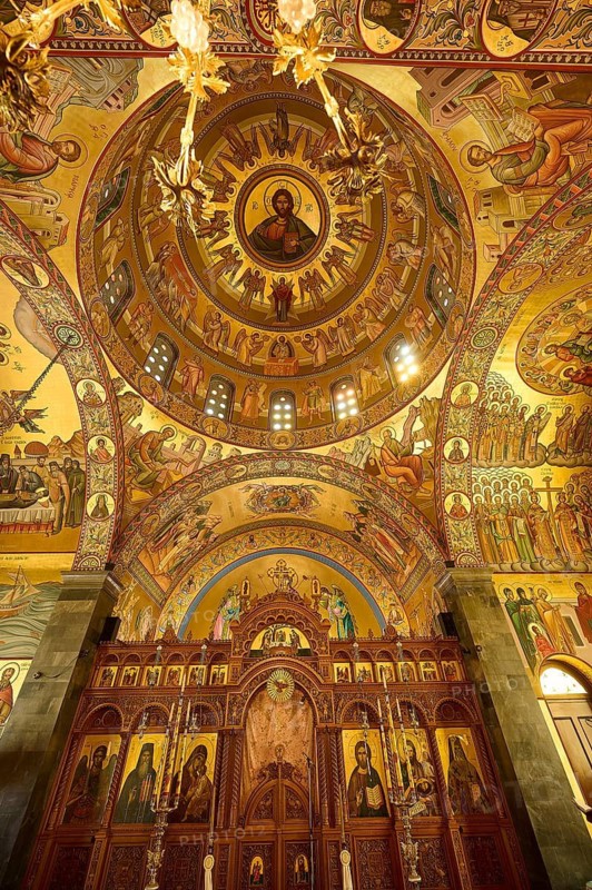 Agiou Sarvas monastery, Agion Pandon church, magnificent church dome with detailed frescoes and icons, Pothia, main town, port, Kalymnos, Sponge Diving Island, Dodecanese, Greek Islands, Greece