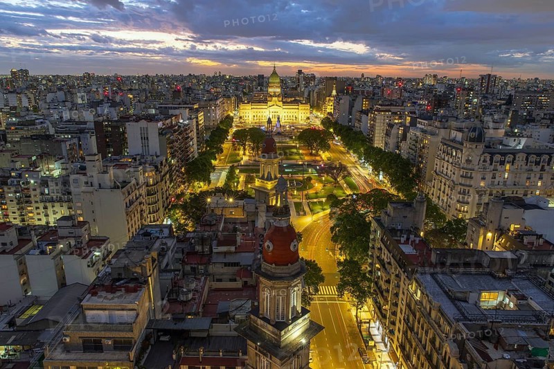 Aerial view of the Palacio del Congreso, Palace of the Argentine National Congress at dusk, Buenos Aires, Argentina