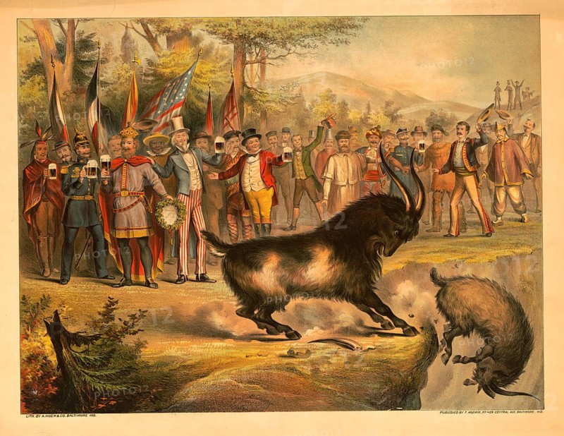 Advertising poster, beverage advertisement, scene shows a group of international representatives, including Uncle Sam, who attend a goat fight, 1878. The work served as a humorous advertising illustration for bock beer commissioned by publisher Felix Klemm. The bock goat, buck Goat, is the classic symbol animal for this type of strong beer in English-speaking countries and in the tradition of German immigrants. The fraternical scene symbolizes that beer brings the different nations of the world together in a peaceful and cheerful manner, authentic reproduction of a historical advertising poster, advertising sign, in high resolution