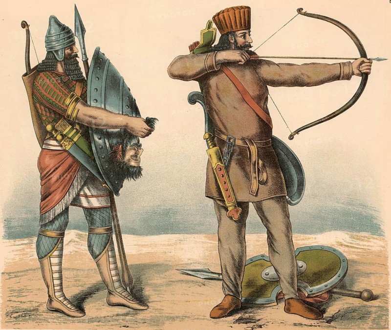 Assyrian soldiers after a battle in Mesopotamia: a Median archer (right) and an Assyrian soldier or one of his allies (left) . He is wearing a distinctive, tall headdress and drawing a large composite bow. The warrior on the left is holding the severed head of an enemy in his hand, school picture, illustration, reproduction of a 19th-century original. School picture, wall hanging, authentic, file restored for optimal use, exact date of the original unknown, historical