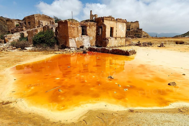 Mazarron mines, former mining, abandoned industrial ruins, colorful landscape, oxidation of minerals, sewage, puddle, Mazarrón, Murcia, Spain