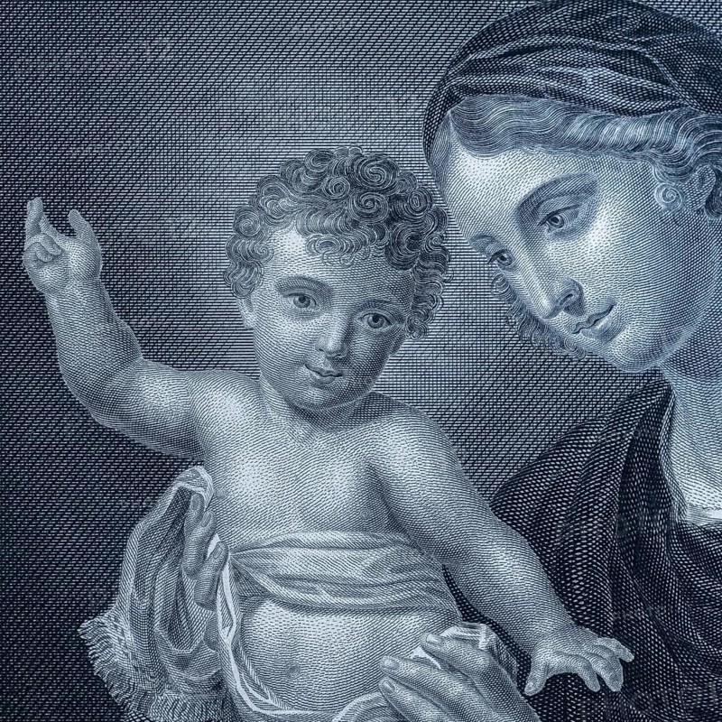 Detail from the work of art St. Mary with Child Jesus by Carlo Dolce, Madonna, Mother of God, Virgin Mary, Christ Child, Holy Family, religious painting, devotional image, Baroque, Italian painting, Florence, 17th century, oil painting, piety, faith, Christianity, Bible, holiness, tenderness, motherly love, iconography, art history, image of Mary, divine love, spiritual devotion, masterpiece, historical illustration 1854