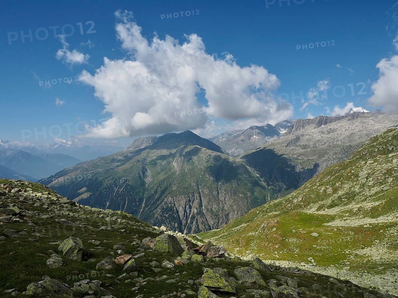 Impressive mountain range under a blue sky with white clouds. Green slopes lead into the distance, Bellwald, Goms, Canton of Valais, Switzerland