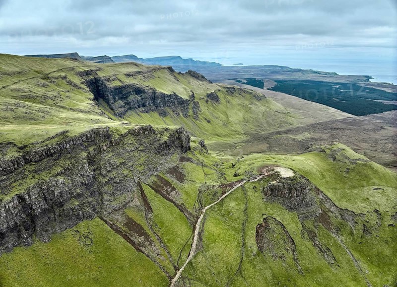 Aerial photo of the wild and rocky landscape at the Old man of Storr on the Isle of Skye, Scotland, UK
