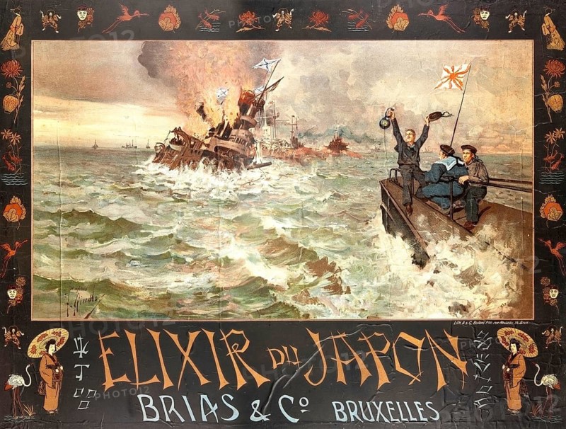 Advertising poster, beverage advertisement, poster promotes Elixir du Japon by Brias & Co from Brussels. The illustration shows a scene from the naval battle of Tsushima in the Russo-Japanese War of 1905, depicting the destruction of the tsarist fleet by Japanese ships, authentic reproduction of a historical advertising poster, advertising sign, in high resolution