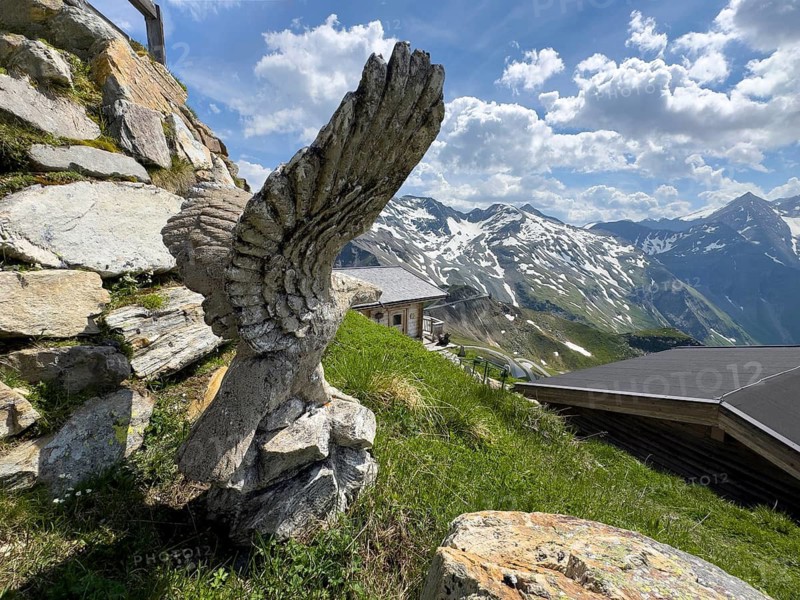 Stone-carved sculpture of eagle on Edelweissspitze next to Edelweisshütte, Fusch, Province of Salzburg, Austria
