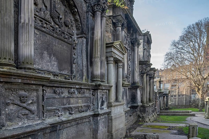 Gravestones in the north-west of the Greyfriars Kirkyard, graveyard surrounding Greyfriars Kirk in the Old Town of the city Edinburgh, Scotland, UK