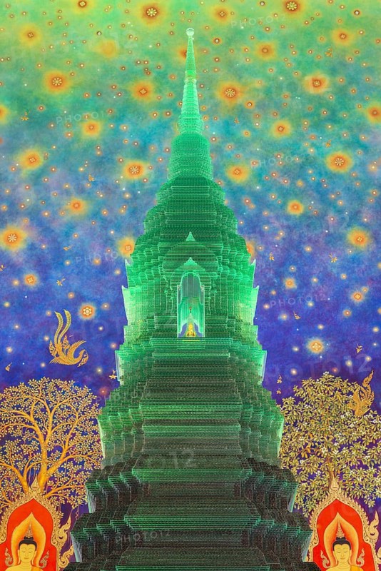In the emerald green silence of Wat Paknam Phasi Charoen, the glass chedi rises like a glowing heart of light. Golden pillars support a cosmic ceiling that plunges the room into a sense of infinity. The wall paintings tell of Buddha's path to enlightenment and combine earthly beauty with spiritual depth that makes this place so unique, Phasi Charoen district, Thonburi, Bangkok, Thailand