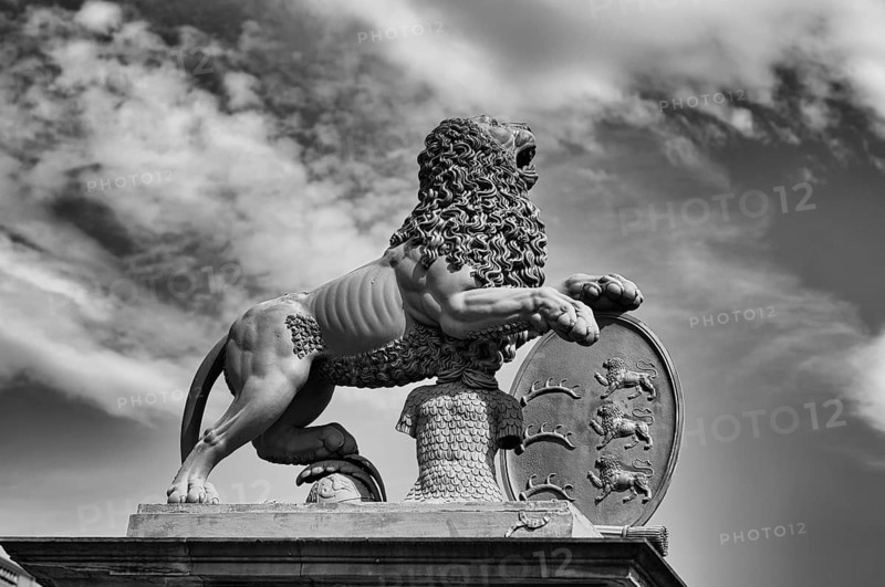 Heraldic lion, Ehrenhof, Schlossplatz, black and white, Stuttgart, Baden-Württemberg, Germany