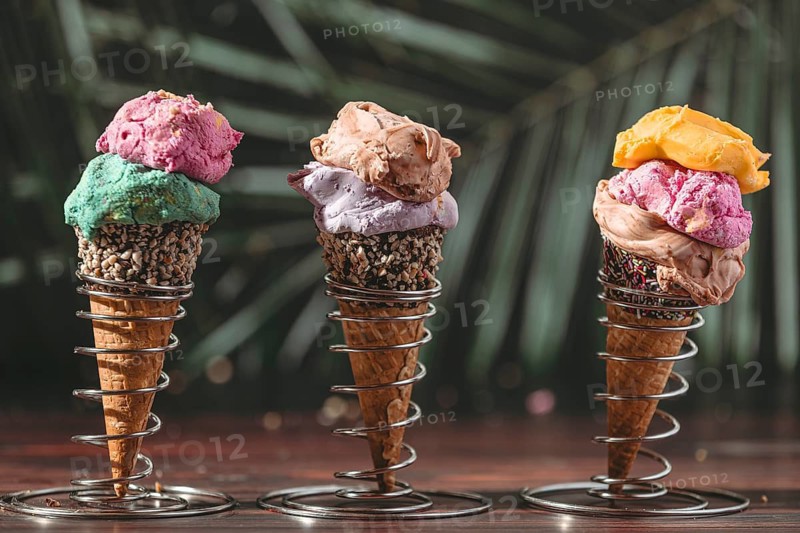 Three ice cream cones with colorful ice cream on a tropical background