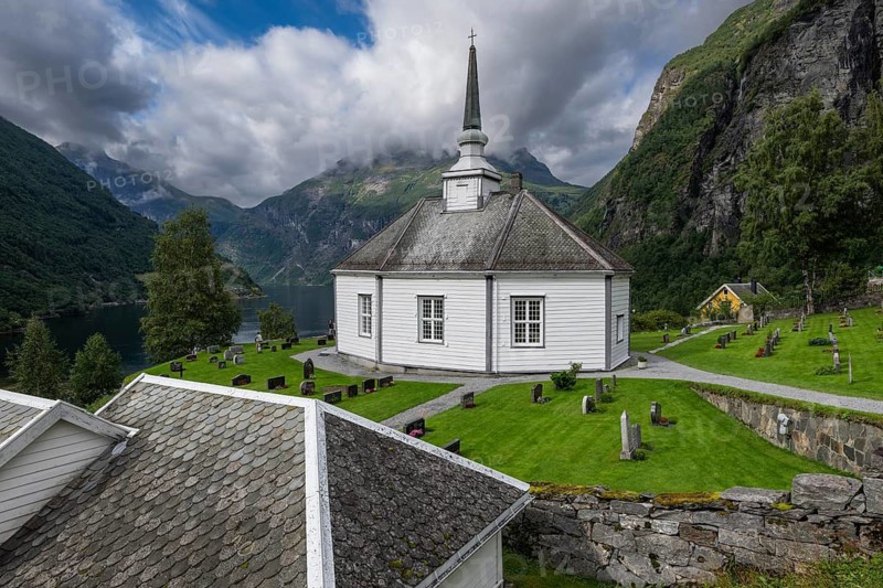 Evangelical Lutheran Church built by Hans Klipe, wooden church, Geiranger, UNESCO World Heritage Site Geirangerfjord, Stranda Municipality, Møre og Romsdal, Norway