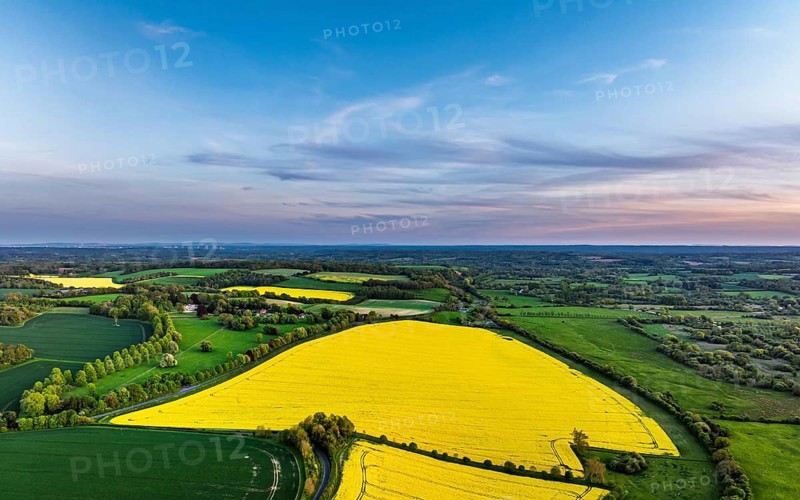 Sunset of Rapeseed Fields and Farms over Horsebridge nad Stockbridge from a drone, Hampshire, England, United Kingdom