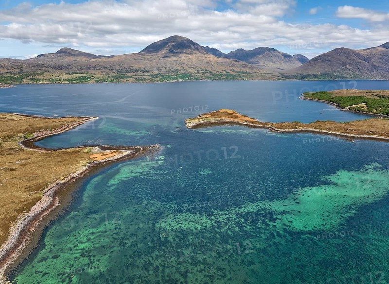 Panoramic aerial photo of the highland landscape at Loch Shieldaig, western Scotland, UK