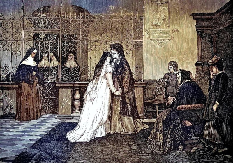 A scene in which a young woman says goodbye to her family to enter a monastery. A future postulant or novice says goodbye to her mother emotionally. Several nuns from the monastery have already gathered behind an elaborate dividing grid to await the new candidate. On the left, a nun stands at the gate, 1882, illustration, reproduction from a model from the 19th century. Authentic, file restored for optimal use, exact date of original unknown, historical, nostalgically colored
