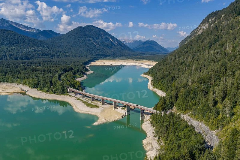 Mountain lake, mountains, reflection, sunny, summer, drought, low water, drought, bridge, road, cars, aerial view, August 2026, Sylvenstein Dam, Sylvensteinsee, Isar, Lenggries, Bavarian Alps, Bavaria, Germany