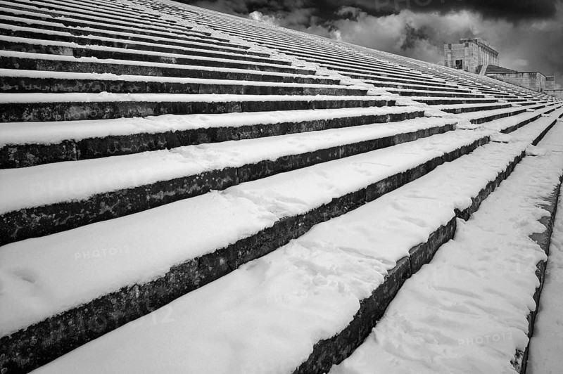 Remains of the large stone stand on the Nazi Party Rally grounds in winter, Reichsparteitagsgelände Documentation Center, black and white, Bayernstraße 110, Nuremberg, Middle Franconia, Bavaria, Germany