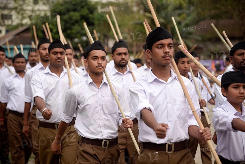 Rashtriya Swayamsevak Sangh (RSS) volunteers participate in an annual event, in Guwahati, Assam, India on Sunday, April 3, 2022. The Rashtriya Swayamsevak Sangh is a Hindu nationalist, paramilitary volunteer organization