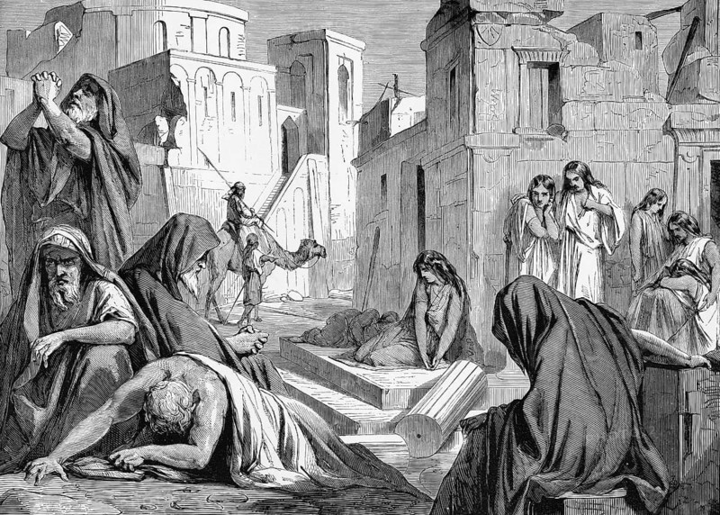The elders and virgins in Jerusalem complain about the fall of the city, Bible, Old Testament, lawsuit, destroyed city, Jerusalem in mourning, biblical lament of Jeremiah, destruction of Jerusalem, suffering and despair, grieving people, people of Israel, destruction of temples, lost home, divine judgment, sin and repentance, pain and hope, ancient city, prayer and lament, despair of the people, mourning woman, praying community, comfort and redemption, historical illustration around 1850