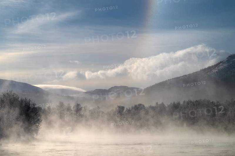 Fog and parhelion over the river Glomma (Glåma), Alvdal, Hedmark, Innlandet, Norway, February 2026