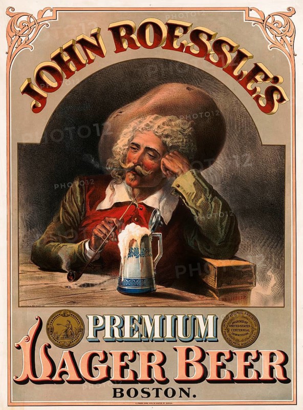 Advertising poster, beverage advertisement, advertising poster for John Rössle's Premium Lager Beer from Boston depicting a man with a large beer mug, 1900, authentic reproduction of a historical advertising poster, advertising sign, in high resolution