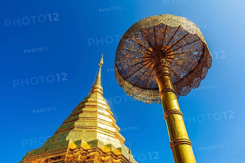 Gilded Chedi temple tower, stupa and gilded canopy, Wat Phra That Doi Suthep temple complex, Chiang Mai, Thailand