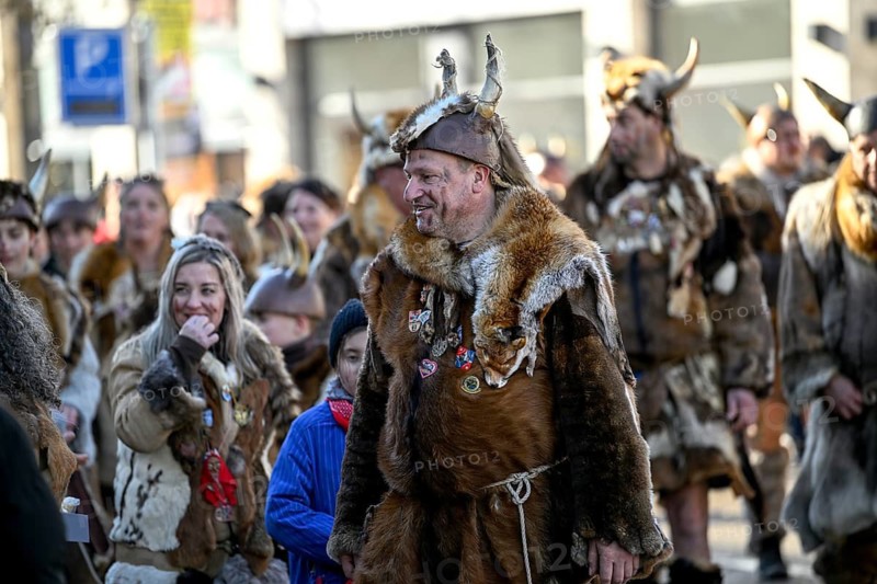 Members of a fools' guild in traditional Haes, fools' clothes, during the carnival procession in Achern, Ortenaukreis, Baden-Württemberg, Germany